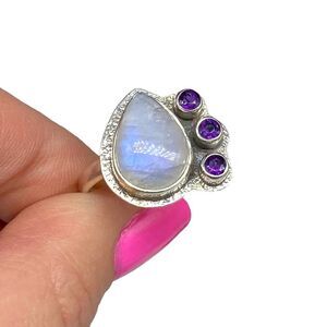 Rainbow Moonstone & Amethyst Ring Size 9 Solid 925 Sterling Silver